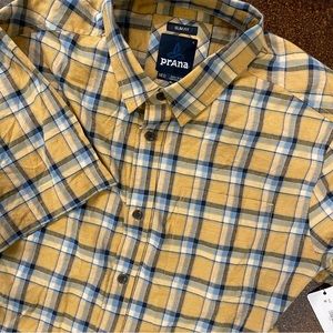 NEW PRANA Mens Short Sleeve Slim Fit Button Up Outdoor Shirt Yellow Plaid Medium